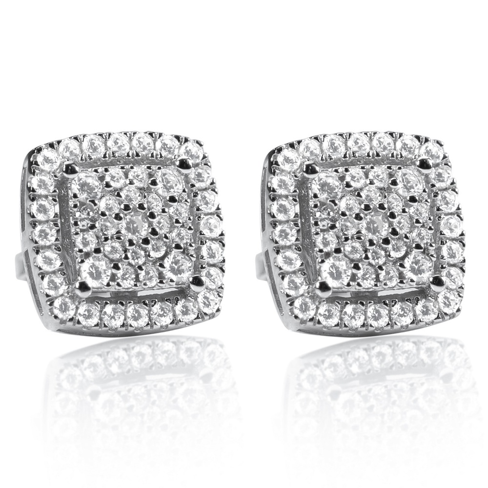 Silver Square 925 Sterling Silver HipHop Fashion Best Iced Hip Hop Stud Earrings